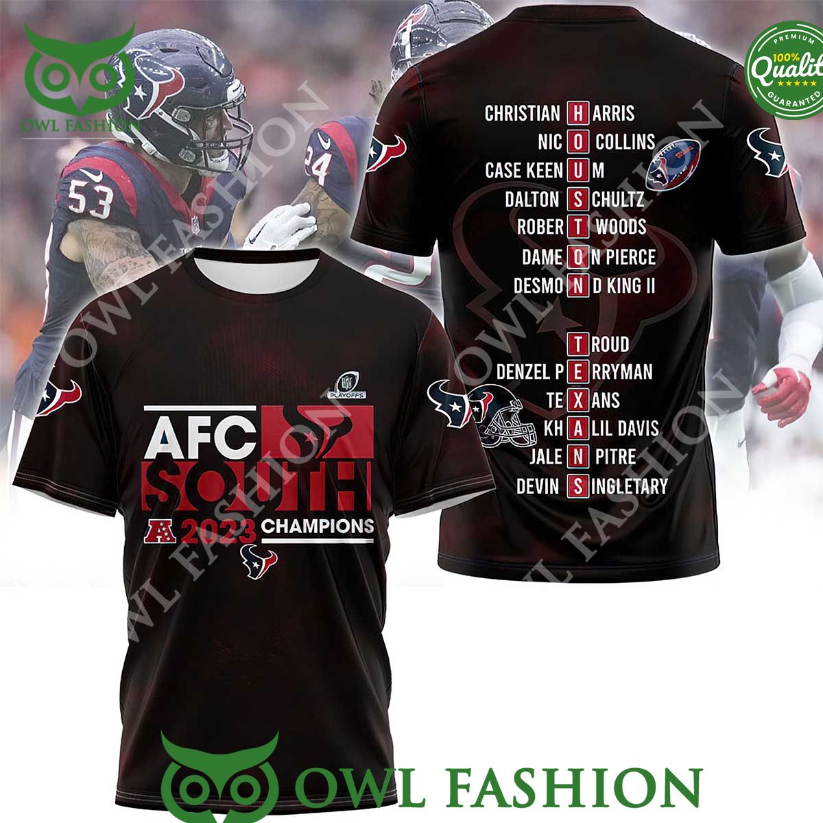 Houston Texans Player Name AFC South 2023 Champion 3d - Adult & Kids T-Shirts, Sweatshirts & Hoodies apparel design preview 1