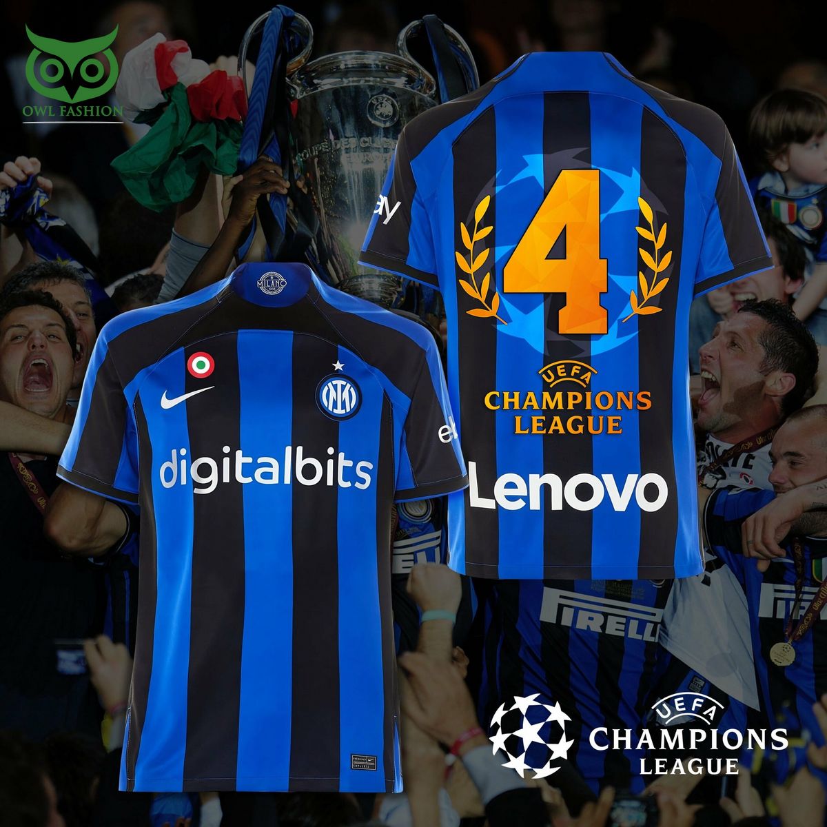 Inter Milan 4 UEFA Champions League Lenovo 3D - Adult & Kids T-Shirts, Sweatshirts & Hoodies apparel design preview 1