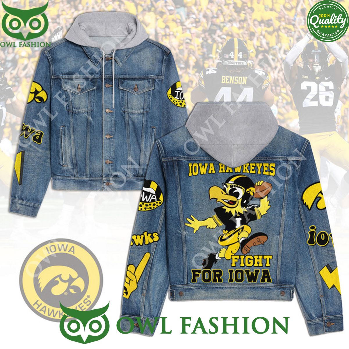 Iowa Hawkeyes NCAA Football Jean Denim Hood Jacket - Adult & Kids T-Shirts, Sweatshirts & Hoodies apparel design preview 1