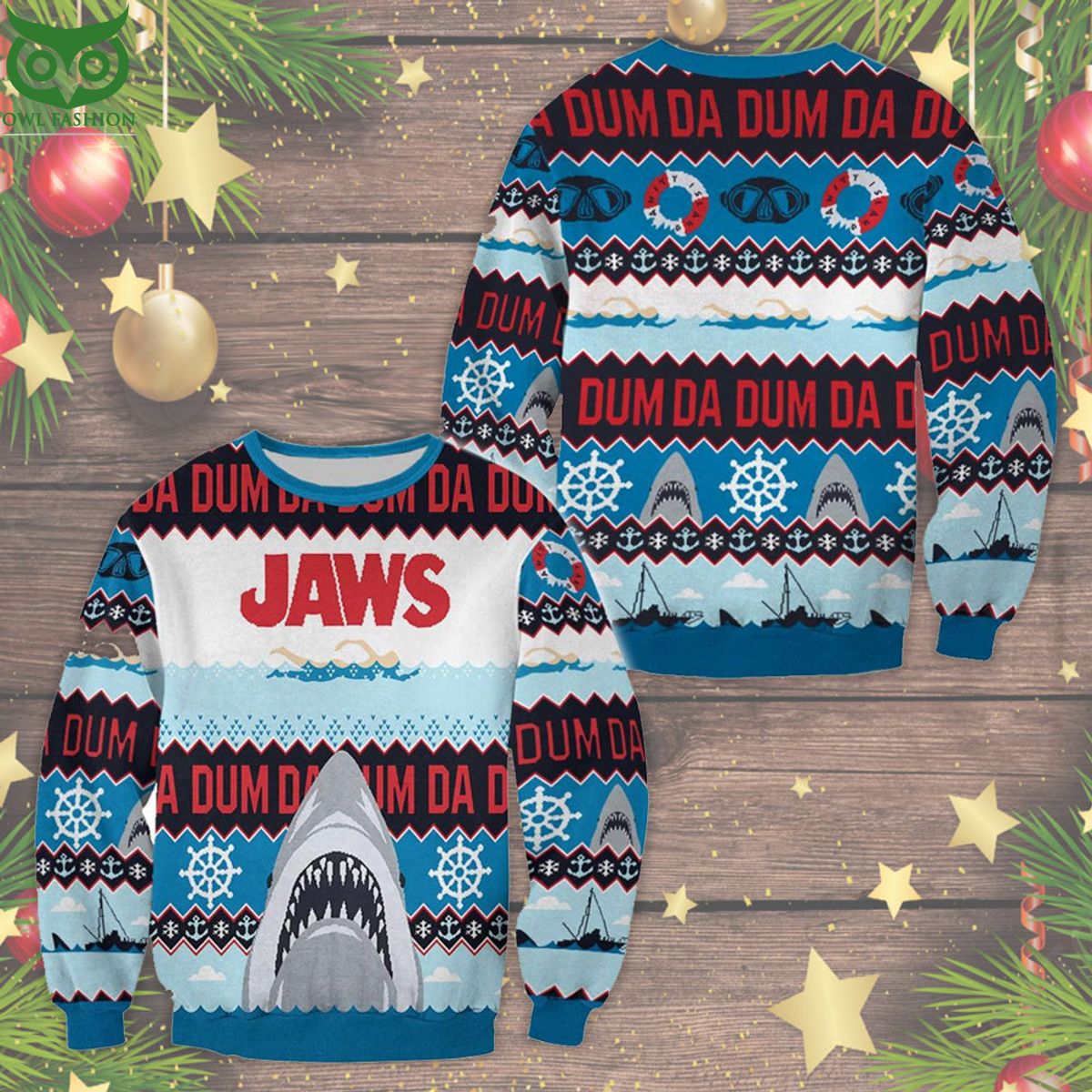 Jaws Horror Movie Pattern Ugly Christmas Sweater - Adult & Kids T-Shirts, Sweatshirts & Hoodies apparel design preview 1