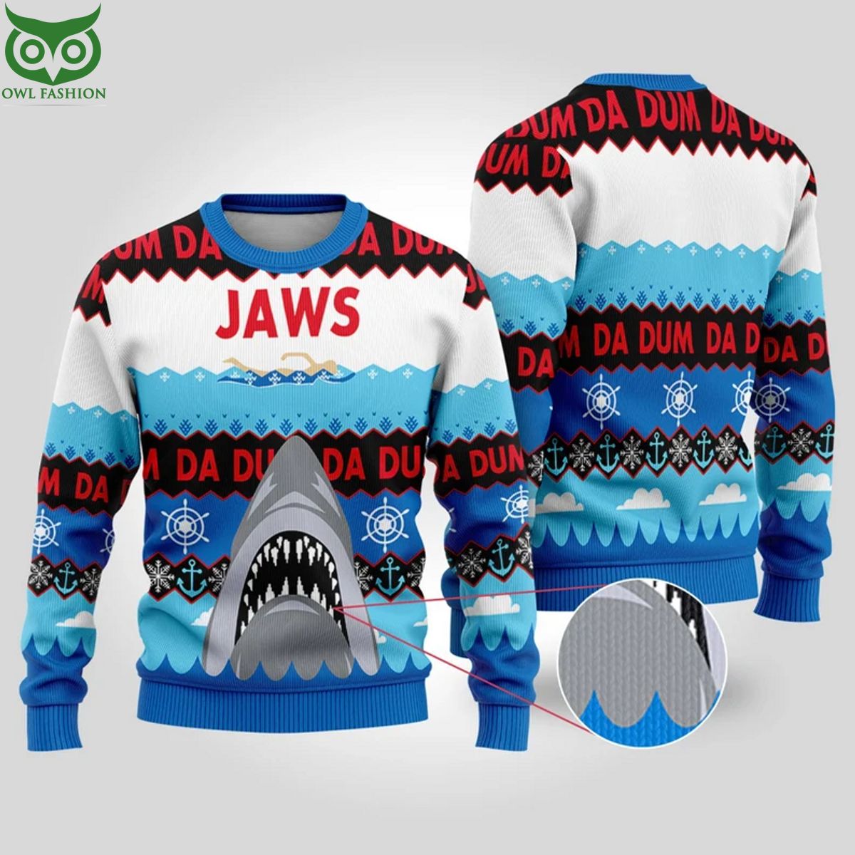 Jaws Shark Blue 3D Ugly Sweater - Adult & Kids T-Shirts, Sweatshirts & Hoodies apparel design preview 1