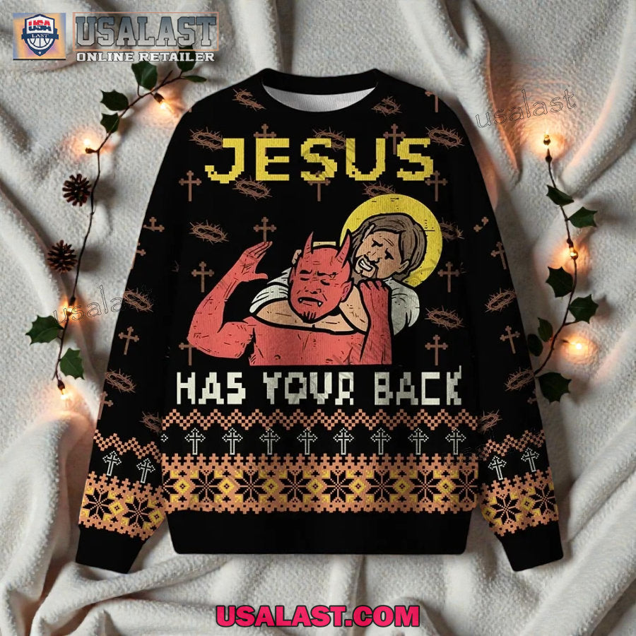 Jesus has Your Back Satan Ugly Christmas Sweater - Adult & Kids T-Shirts, Sweatshirts & Hoodies apparel design preview 1