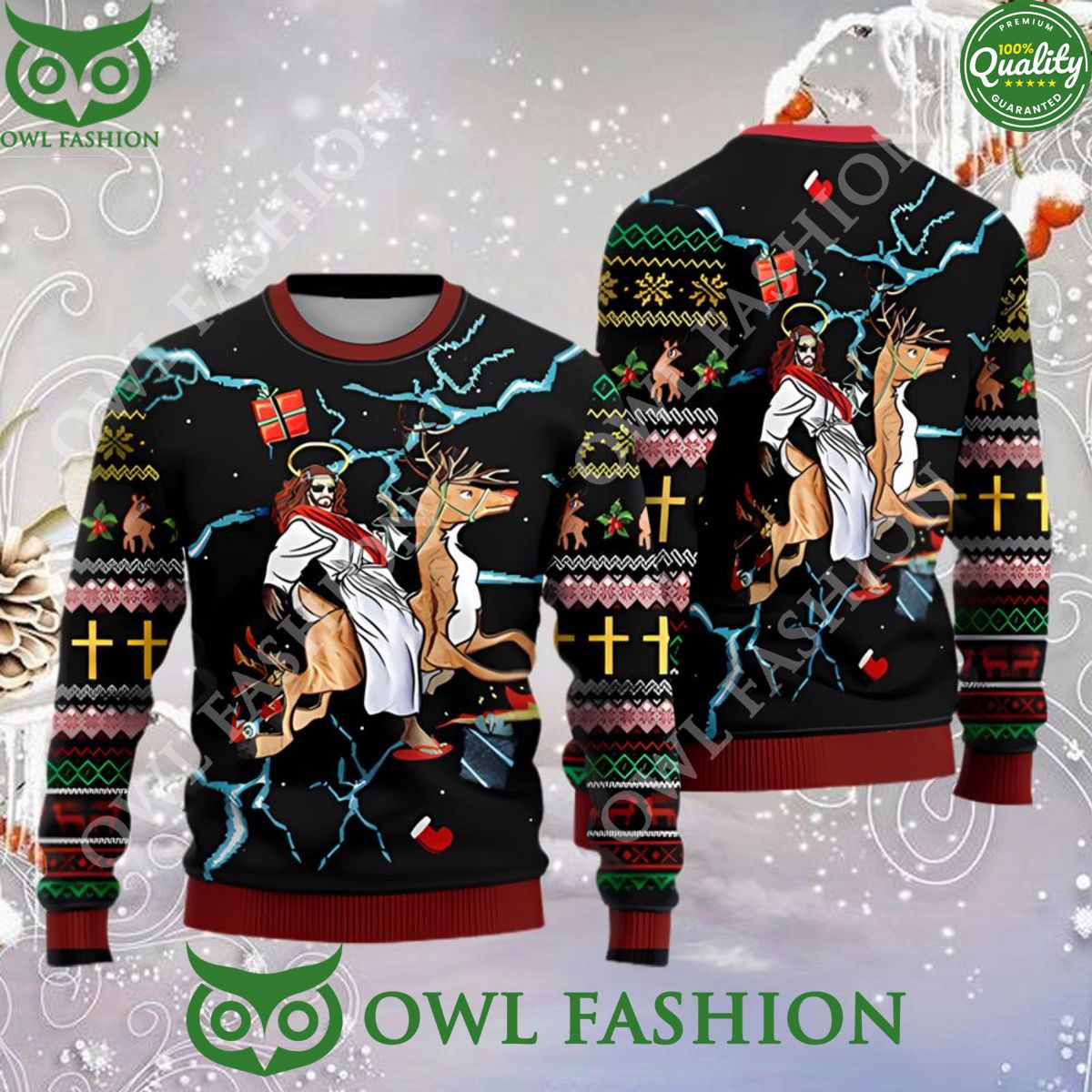 Jesus Riding Reindeer Black Ugly Christmas Sweater - Adult & Kids T-Shirts, Sweatshirts & Hoodies apparel design preview 1