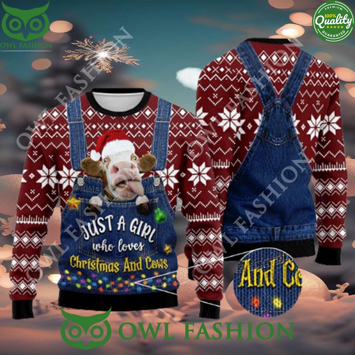 Just A Girl Who Loves Cow Ugly Christmas Sweater - Adult & Kids T-Shirts, Sweatshirts & Hoodies apparel design preview 1