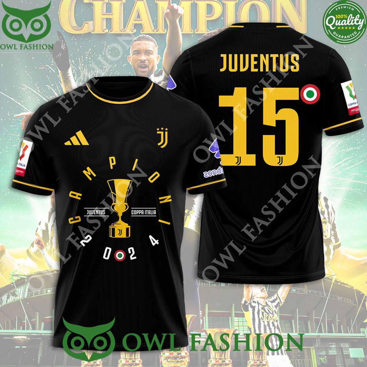Juventus FC 15 Campioni 2024 black 3D - Adult & Kids T-Shirts, Sweatshirts & Hoodies apparel design preview 1