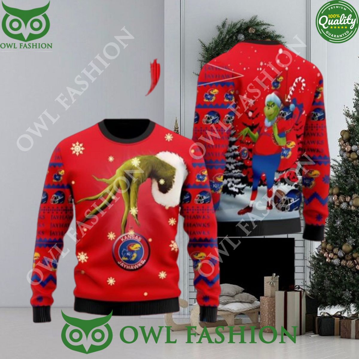 Kansas Jayhawks Team Grinch Ugly Christmas Sweater - Adult & Kids T-Shirts, Sweatshirts & Hoodies apparel design preview 1
