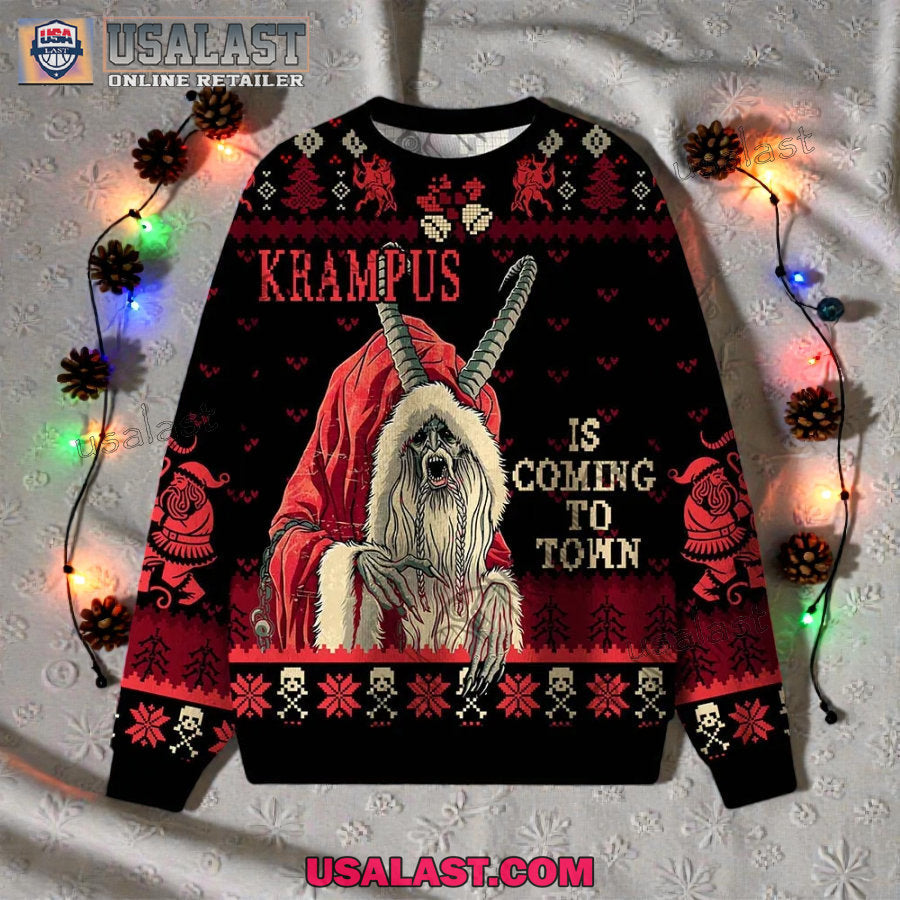Krampus is Coming to Town Ugly Christmas Sweater - Adult & Kids T-Shirts, Sweatshirts & Hoodies apparel design preview 1
