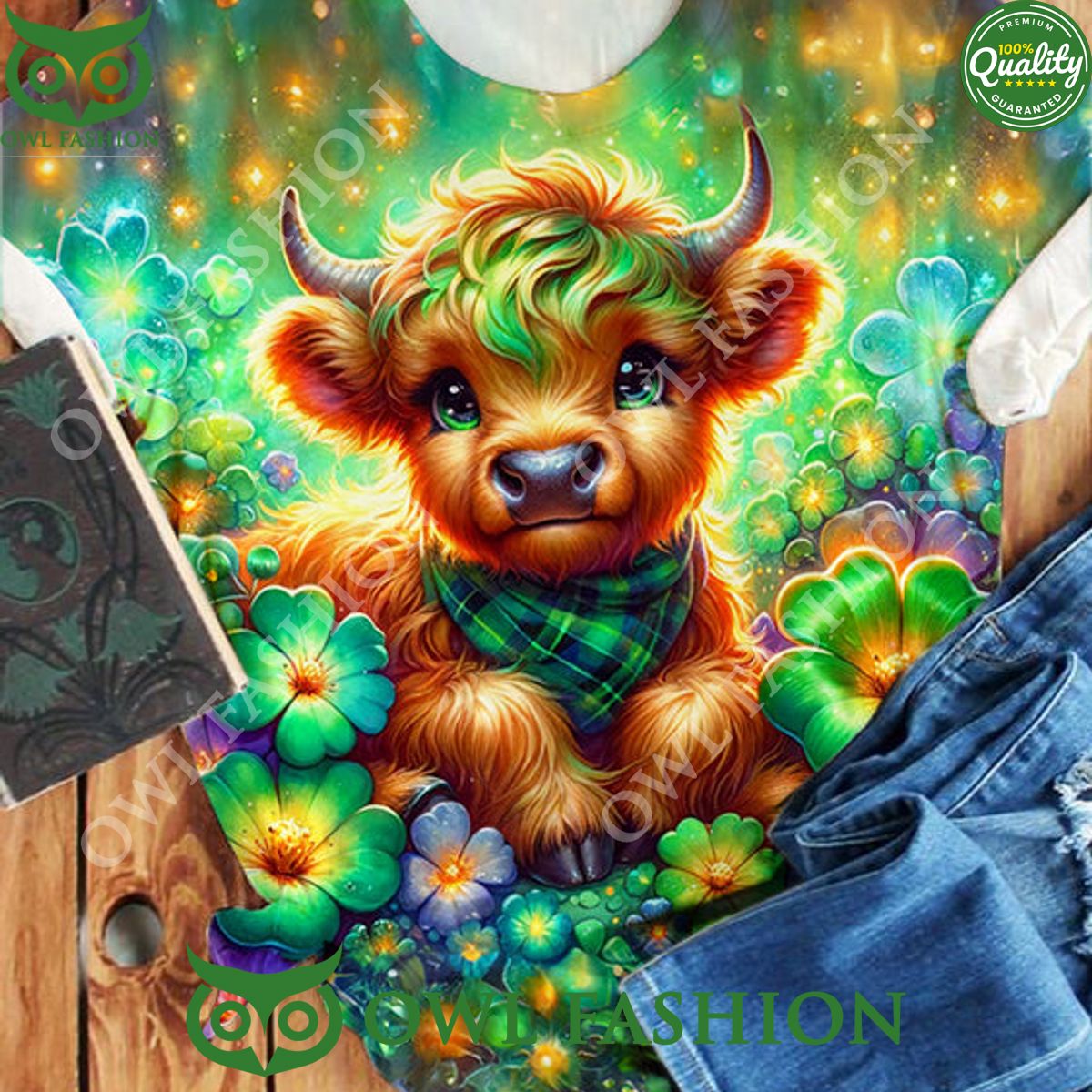 Lucky Clover Baby Highland Cow St Patricks - Adult & Kids T-Shirts, Sweatshirts & Hoodies apparel design preview 1