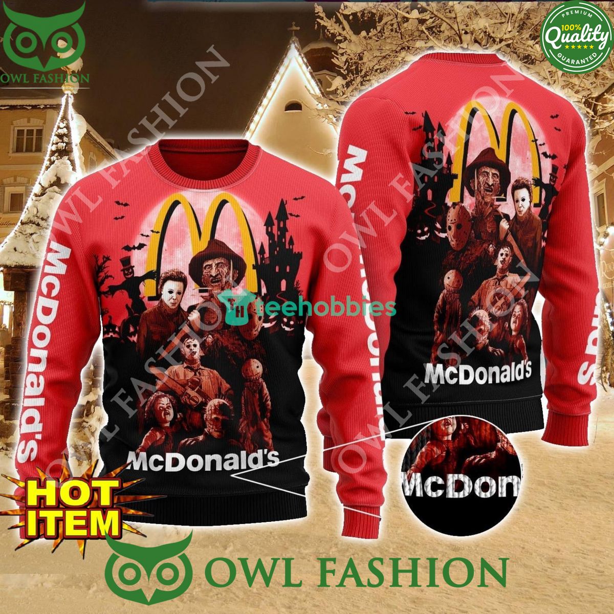 McDonald's Horror Halloween Night 2024 Ugly Sweater - Adult & Kids T-Shirts, Sweatshirts & Hoodies apparel design preview 1