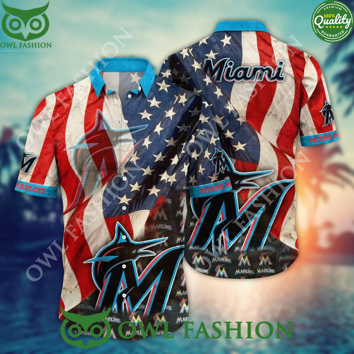 Miami Marlins USA Flag MLB Hawaiian Independence Day - Adult & Kids T-Shirts, Sweatshirts & Hoodies apparel design preview 1