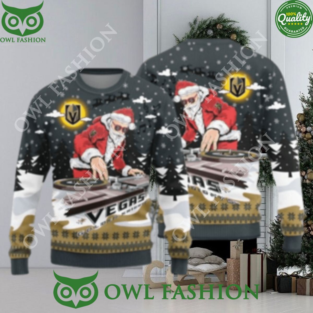 MLB Vegas Golden Knights Christmas Funny DJ Santa New - Adult & Kids T-Shirts, Sweatshirts & Hoodies apparel design preview 1