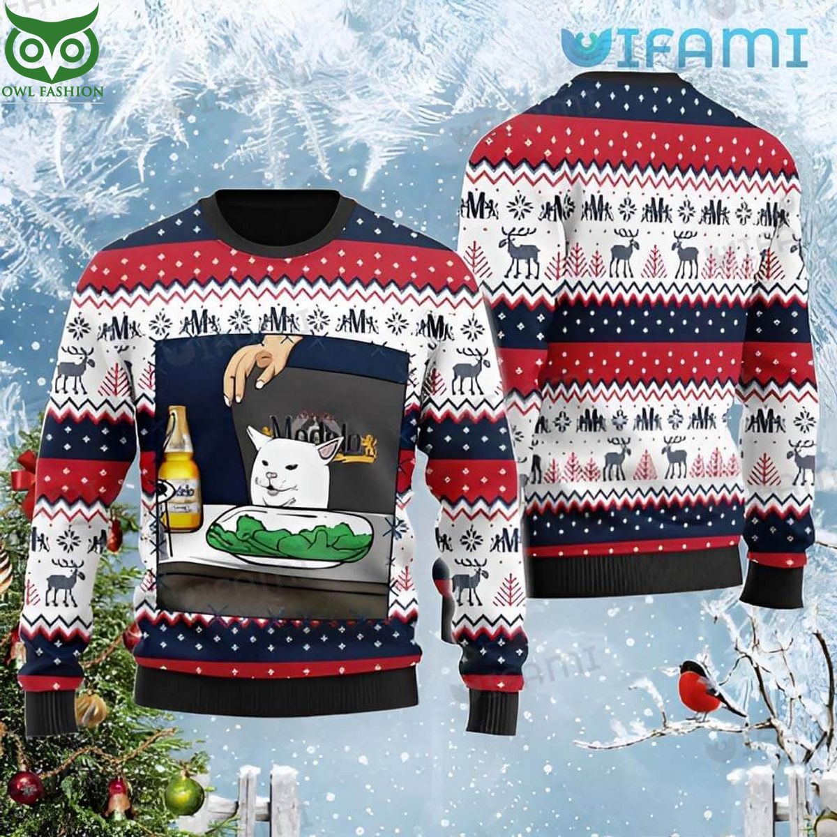 Modelo Ugly Christmas Sweater Cat Meme Beer Lovers - Adult & Kids T-Shirts, Sweatshirts & Hoodies apparel design preview 1