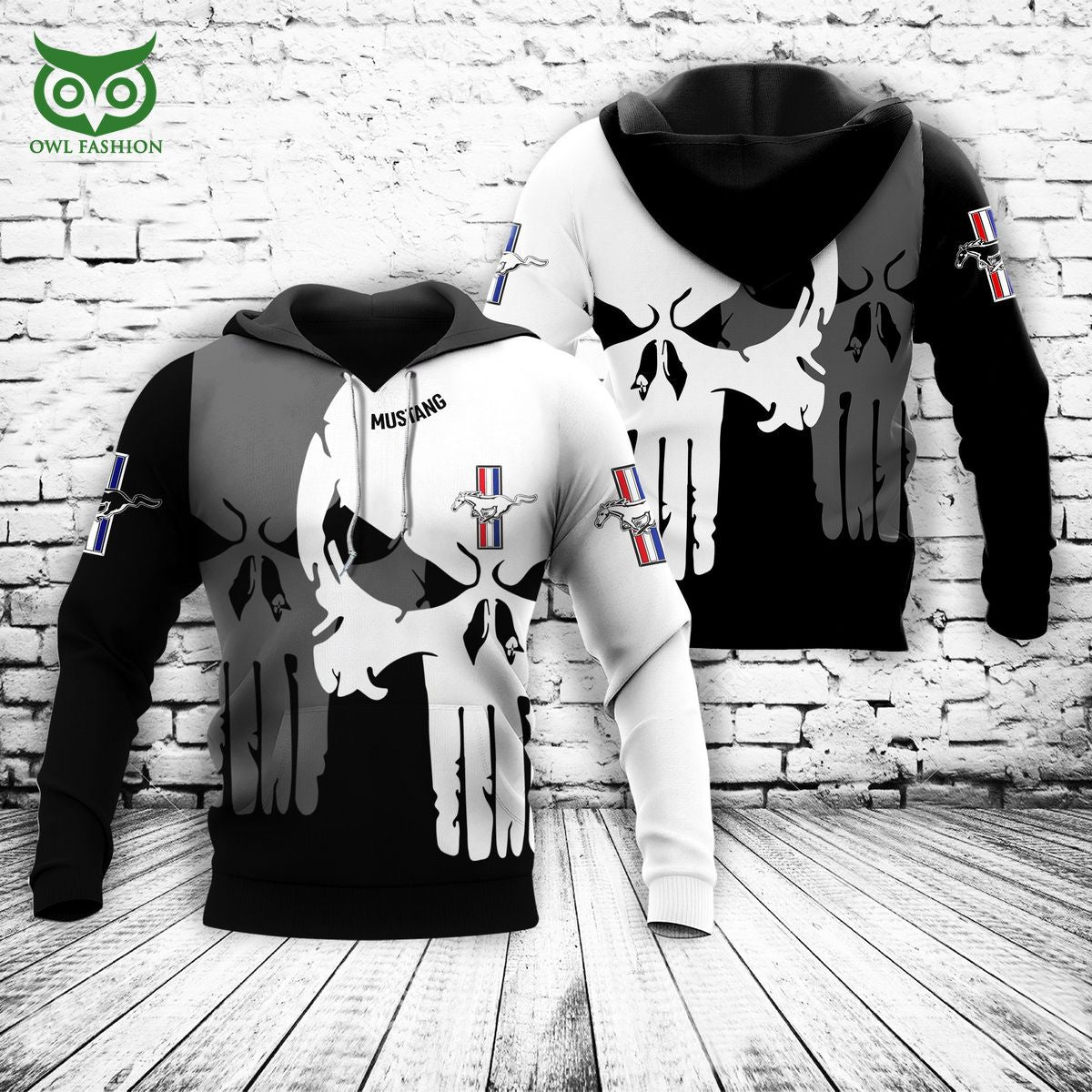 Mustang Skull Logo Black White 3D - Adult & Kids T-Shirts, Sweatshirts & Hoodies apparel design preview 1