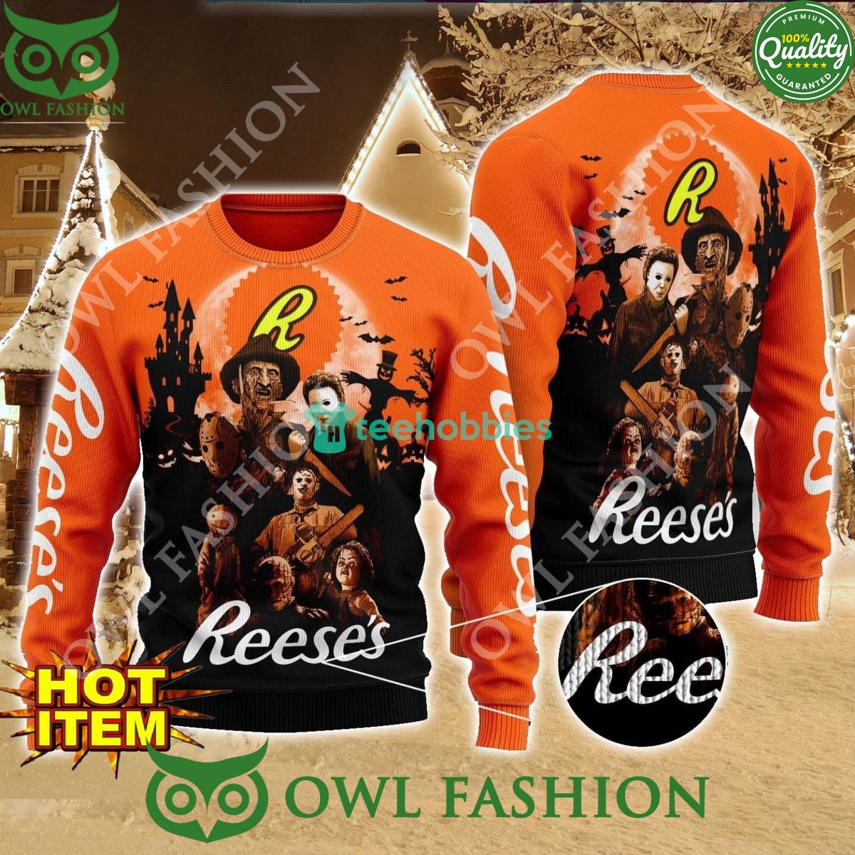 Reese's Horror Halloween Night 2024 Ugly Sweater - Adult & Kids T-Shirts, Sweatshirts & Hoodies apparel design preview 1