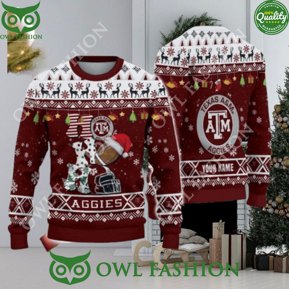 NCAA Texas Aggies Custom Name HO Ugly Christmas - Adult & Kids T-Shirts, Sweatshirts & Hoodies apparel design preview 1