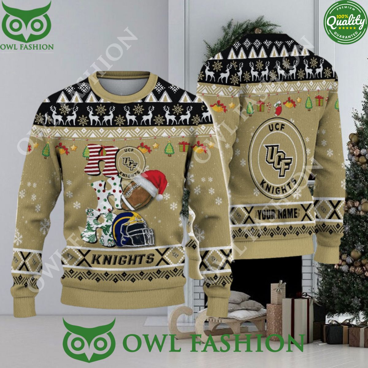 NCAA UCF Knights HO Custom Name Ugly Christmas - Adult & Kids T-Shirts, Sweatshirts & Hoodies apparel design preview 1