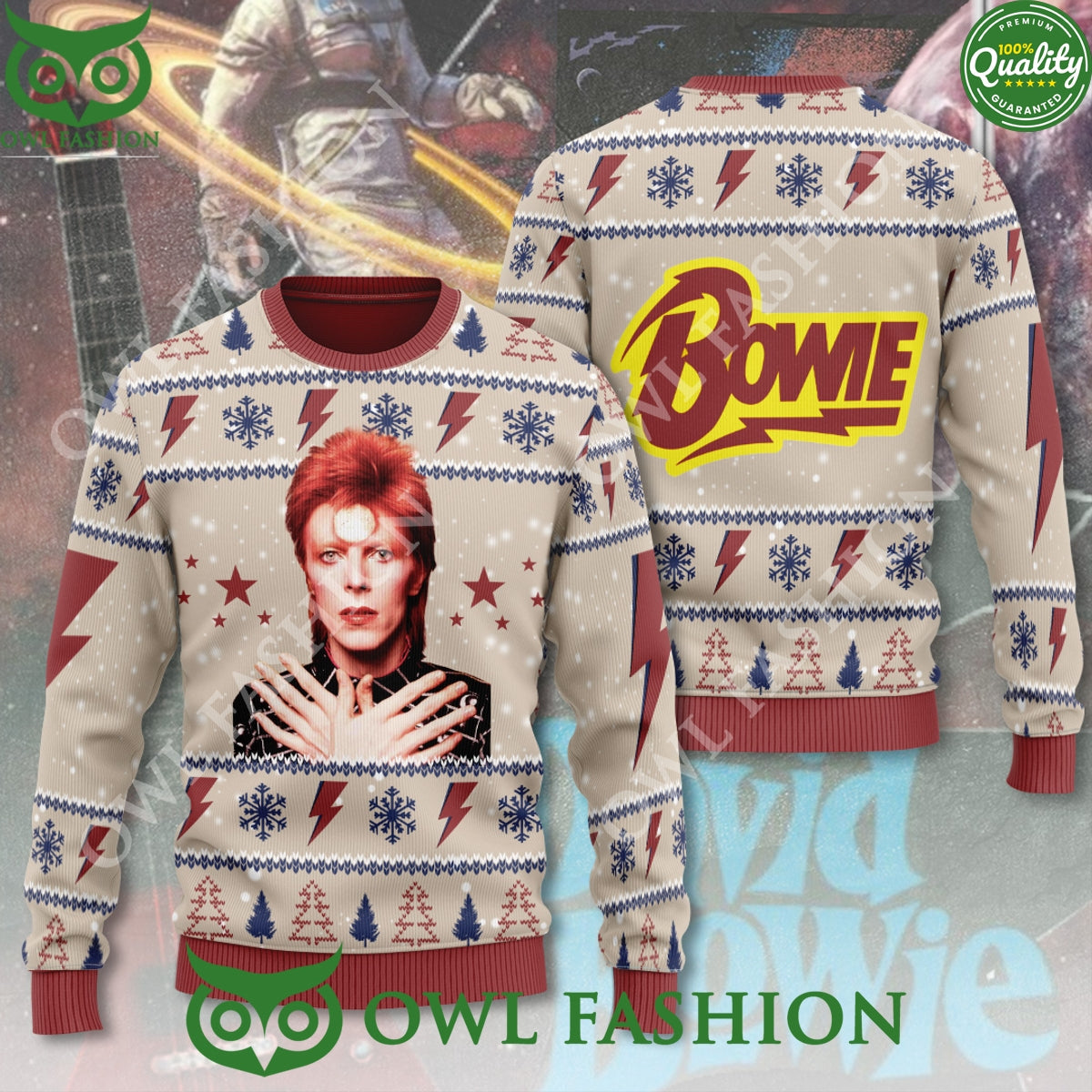 David Bowie Musician of 20th Century Xmas 3D Ugly - Adult & Kids T-Shirts, Sweatshirts & Hoodies apparel design preview 1