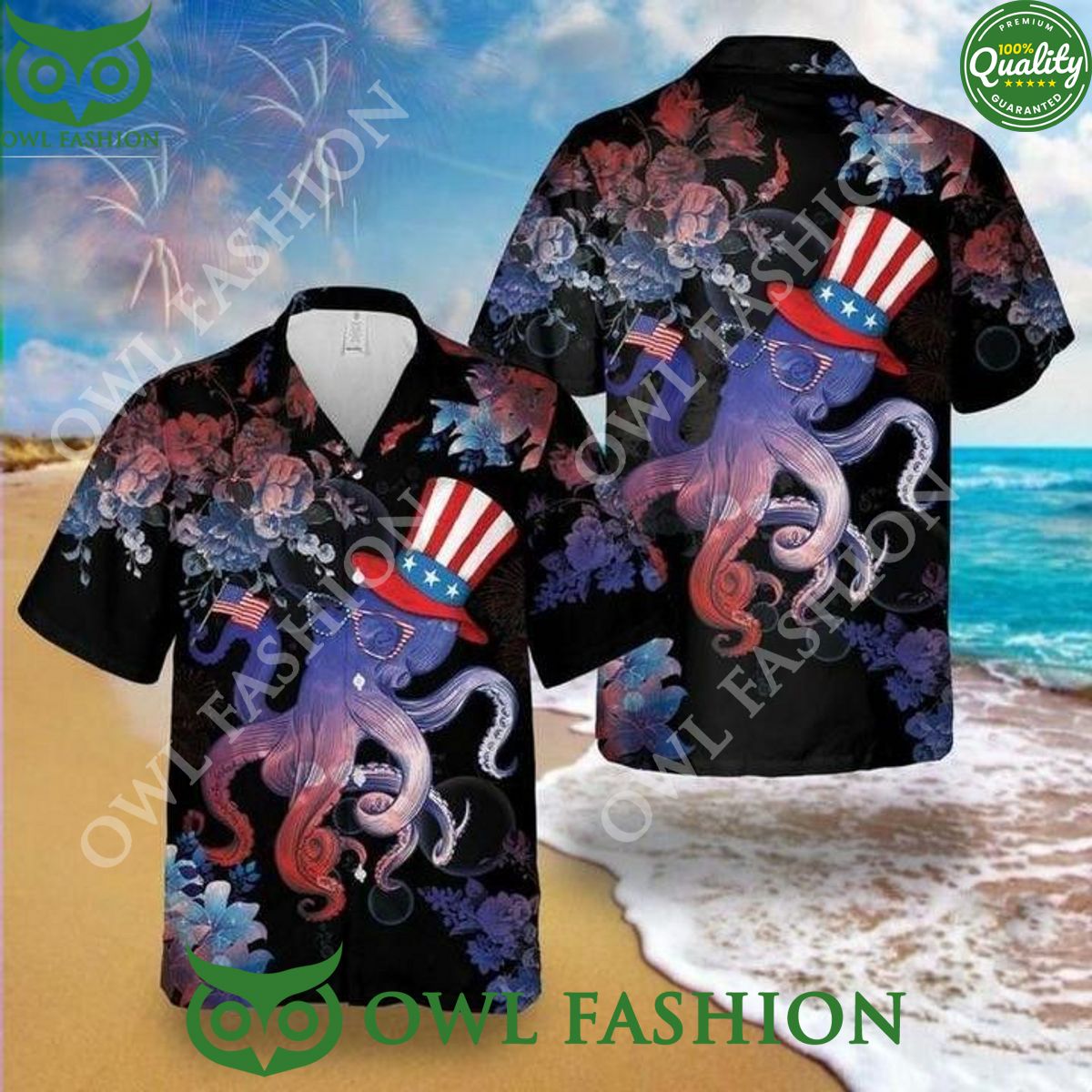 Octopus Celebrates 4Th Of July Flower Black Hawaiian - Adult & Kids T-Shirts, Sweatshirts & Hoodies apparel design preview 1