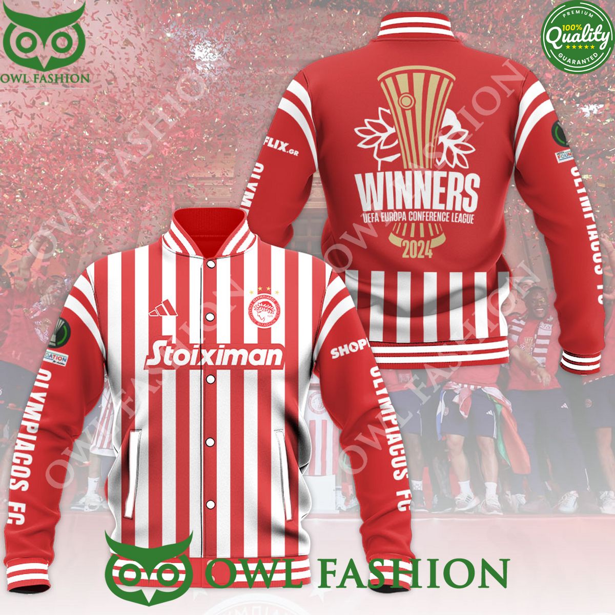 Olympiakos F.C. 2024 UEFA Baseball Varsity Jacket - Adult & Kids T-Shirts, Sweatshirts & Hoodies apparel design preview 1