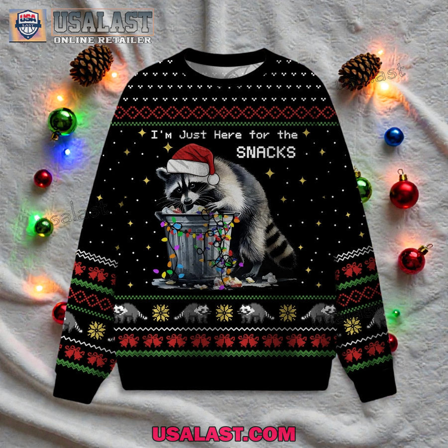 Raccoon I'm Just Here for the Snacks Ugly Christmas - Adult & Kids T-Shirts, Sweatshirts & Hoodies apparel design preview 1