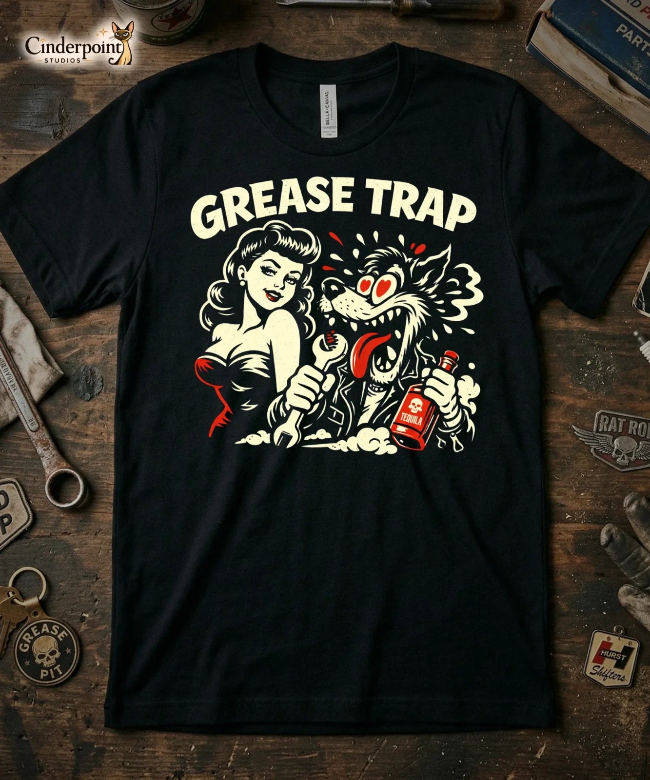 Grease Trap Big Bad Wolf Pinup Girl Retro Rockabilly - Adult & Kids T-Shirts, Sweatshirts & Hoodies apparel design preview 1