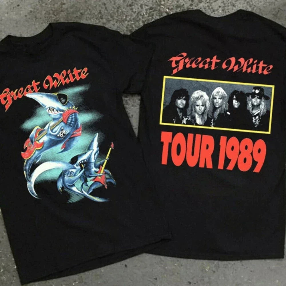 Vintage 1989 Great White Band Tour Classic 2 SIDES - Adult & Kids T-Shirts, Sweatshirts & Hoodies apparel design preview 1