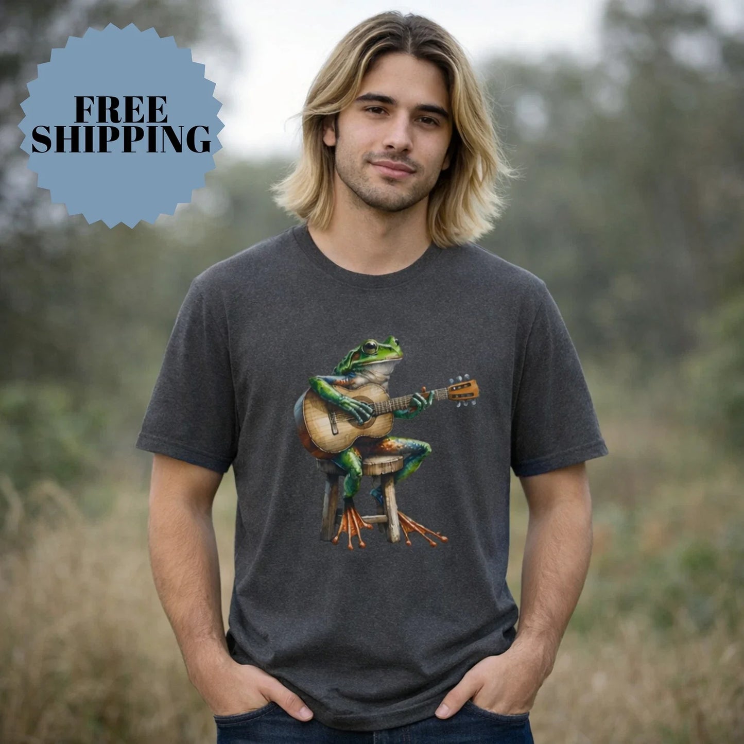 Music Lover Funny Frog Playing Acoustic Guitar Retro - Adult & Kids T-Shirts, Sweatshirts & Hoodies apparel design preview 1