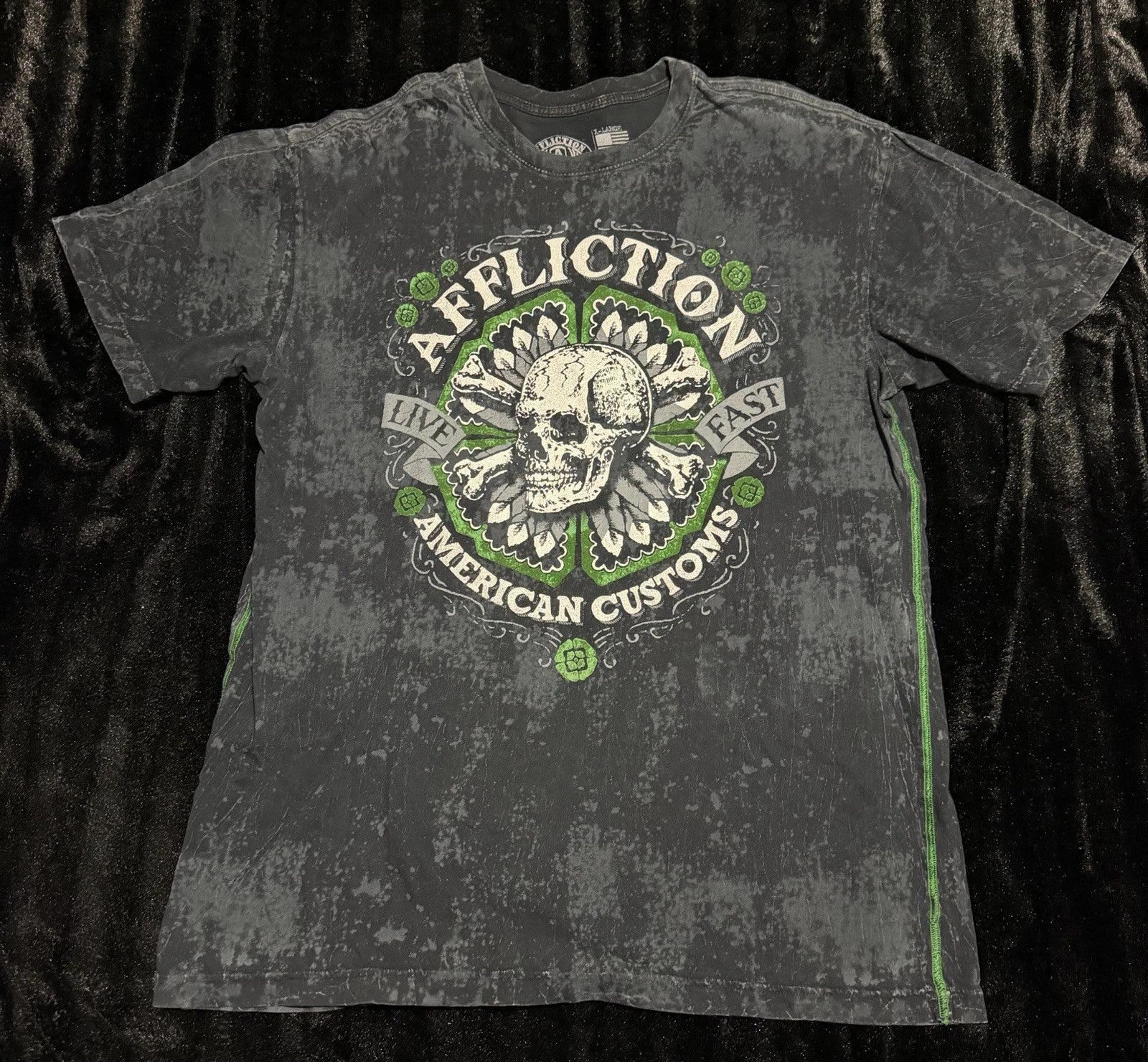 Affliction Mens Y2K Grunge Green Skull Black/Grey - Adult & Kids T-Shirts, Sweatshirts & Hoodies apparel design preview 1