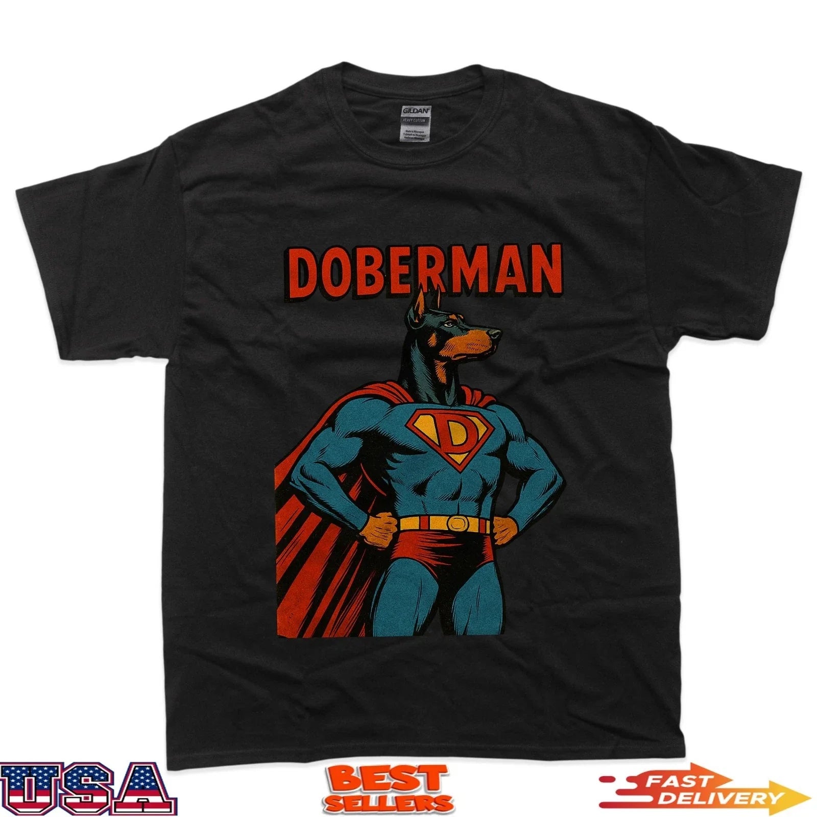 Doberman Superhero Dog Comic Style Vintage Graphic - Adult & Kids T-Shirts, Sweatshirts & Hoodies apparel design preview 1