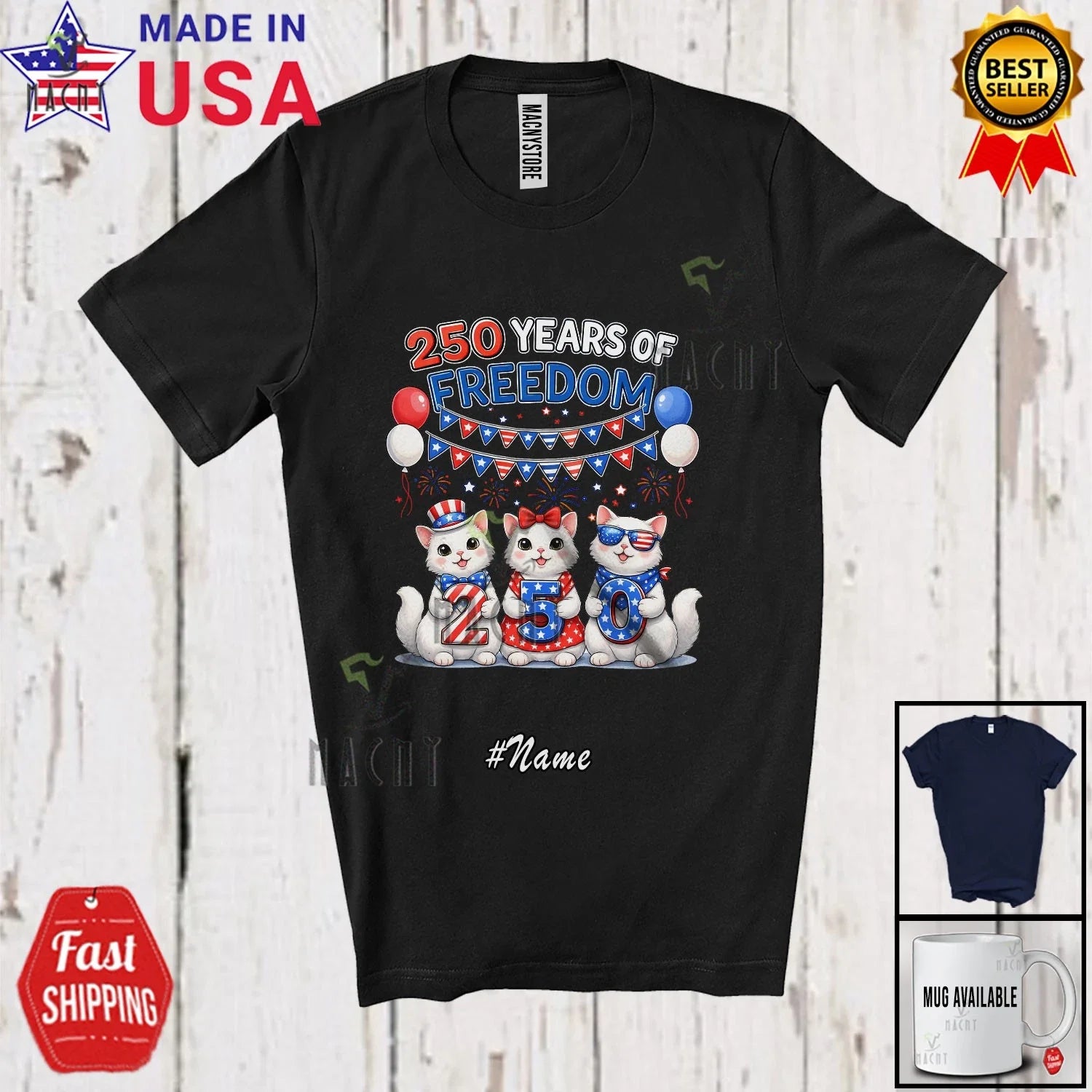 Custom Name 250 Years Of Freedom; Lovely 4th July Cat - Adult & Kids T-Shirts, Sweatshirts & Hoodies apparel design preview 1