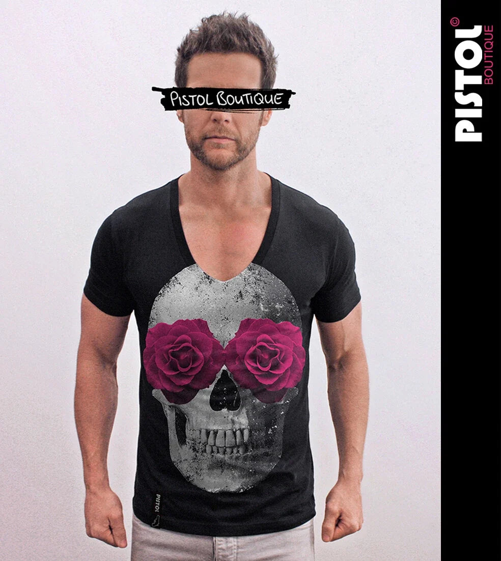 Pistol Boutique Men's Fitted Black Deep V Neck SKULL - Adult & Kids T-Shirts, Sweatshirts & Hoodies apparel design preview 1