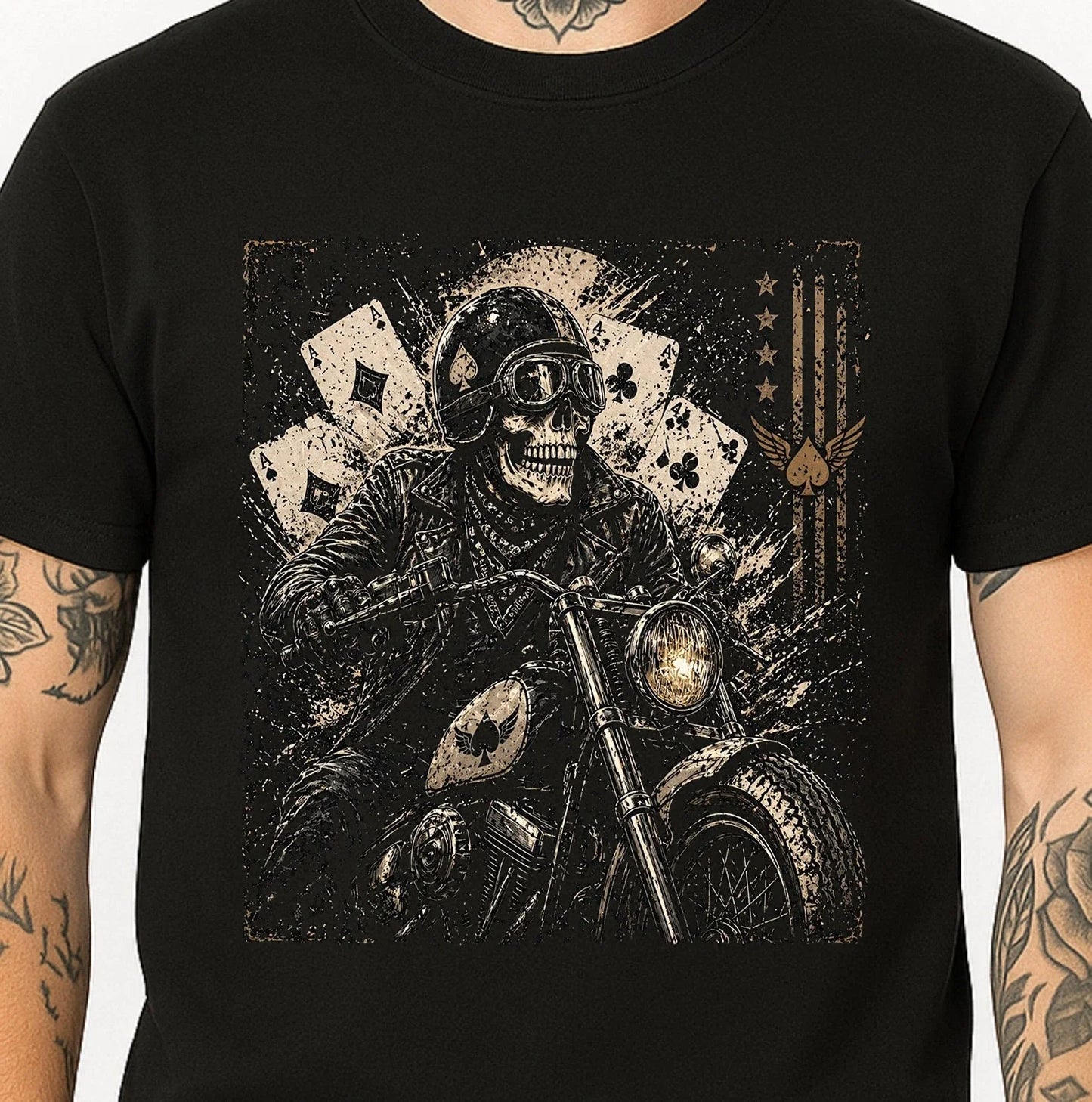 Skull Biker Skeleton Rider Motorcycle Poker Aces - Adult & Kids T-Shirts, Sweatshirts & Hoodies apparel design preview 1