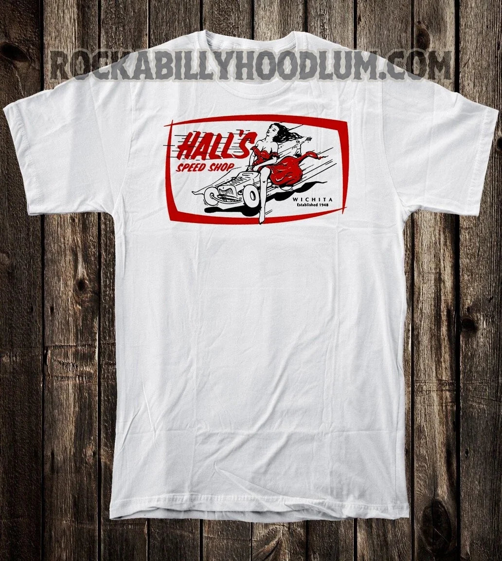 Men's White Cotton Hot Rod Drag Race Halls Speed Shop - Adult & Kids T-Shirts, Sweatshirts & Hoodies apparel design preview 1