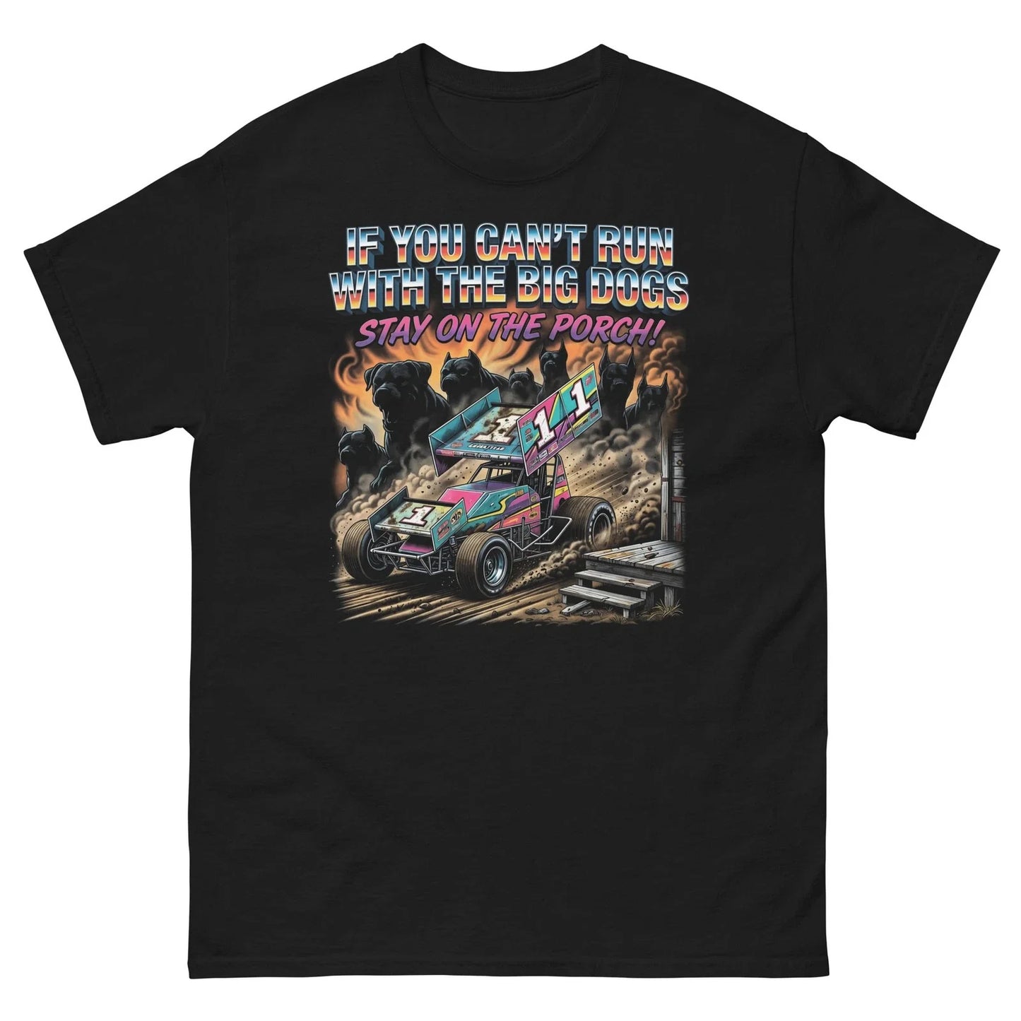 Retro 90s Sprint Car Racing Run With The Big Dogs - Adult & Kids T-Shirts, Sweatshirts & Hoodies apparel design preview 1