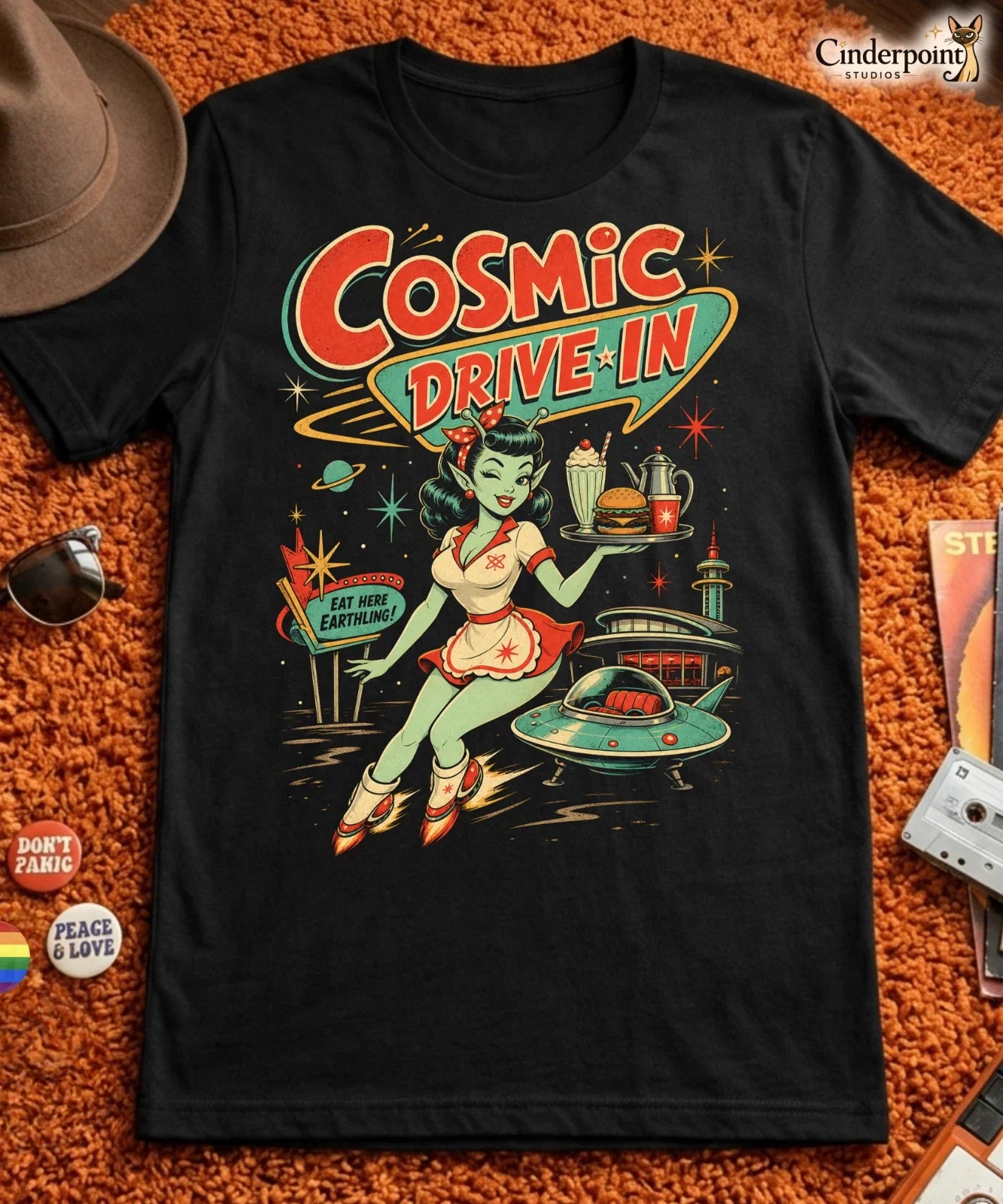 Cosmic Drive-In Alien Waitress Rockabilly Retro Diner - Adult & Kids T-Shirts, Sweatshirts & Hoodies apparel design preview 1