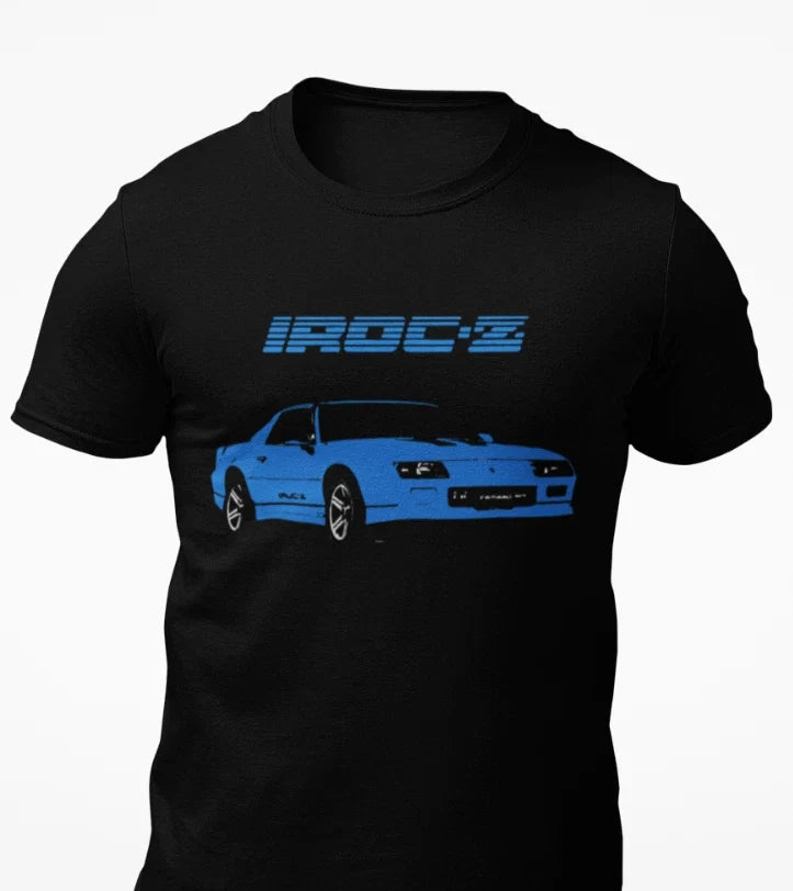 1980's Retro Blue Camaro IROC-Z Short-Sleeve - Adult & Kids T-Shirts, Sweatshirts & Hoodies apparel design preview 1