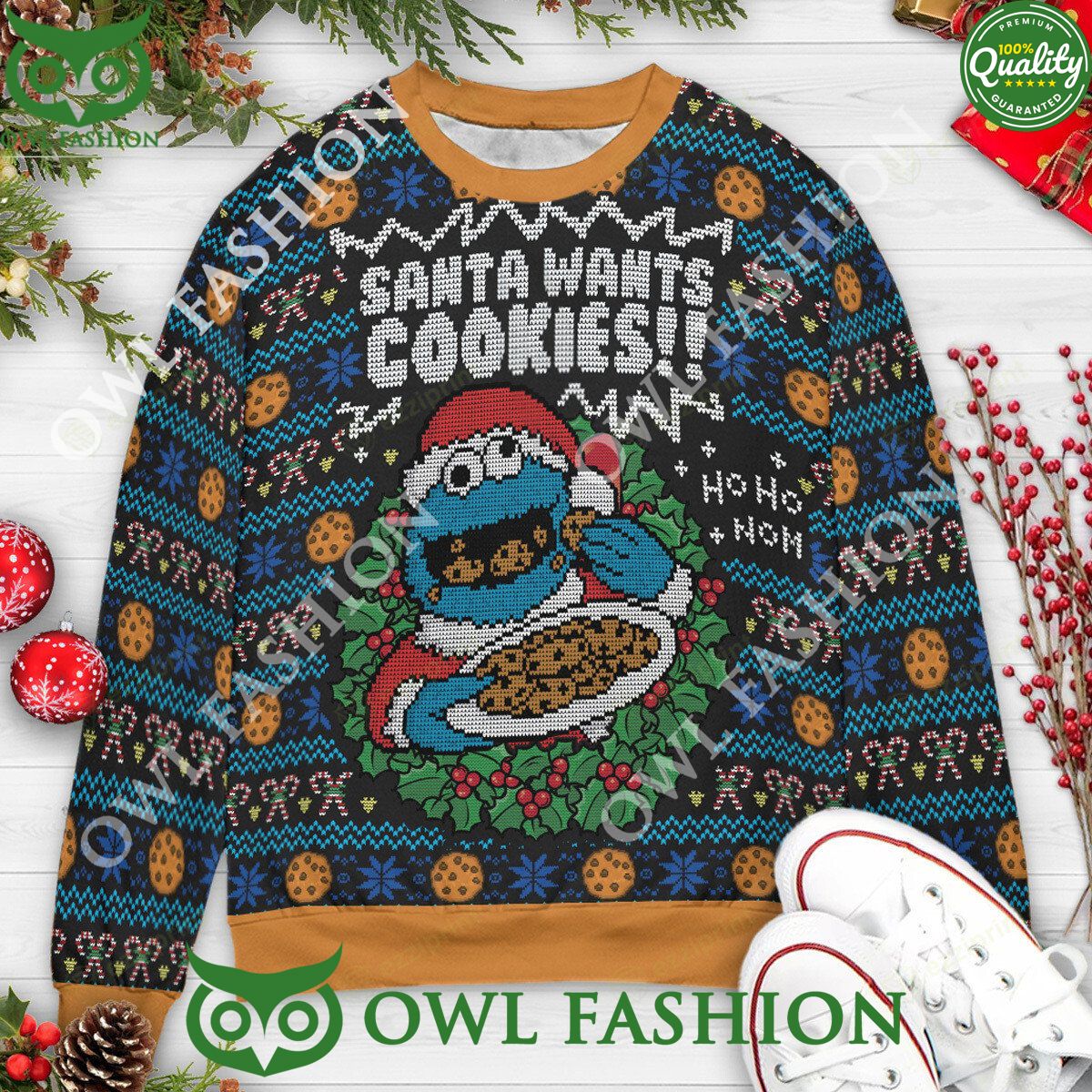 Santa Wants Cookies Ho Nom Cookie Monster Sweater - Adult & Kids T-Shirts, Sweatshirts & Hoodies apparel design preview 1