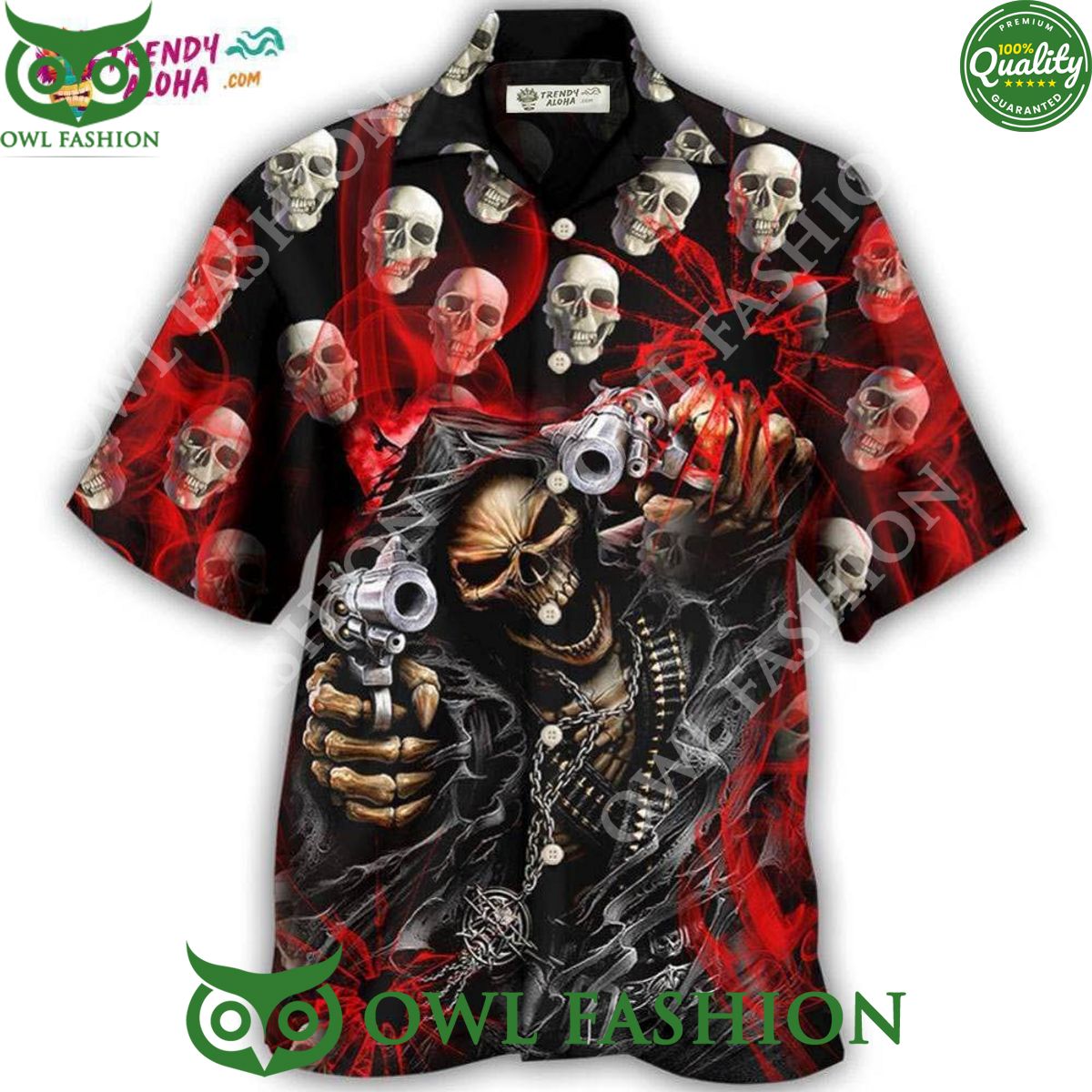 Skull Dark Gun Red Smoke Lighting Hawaiian - Adult & Kids T-Shirts, Sweatshirts & Hoodies apparel design preview 1