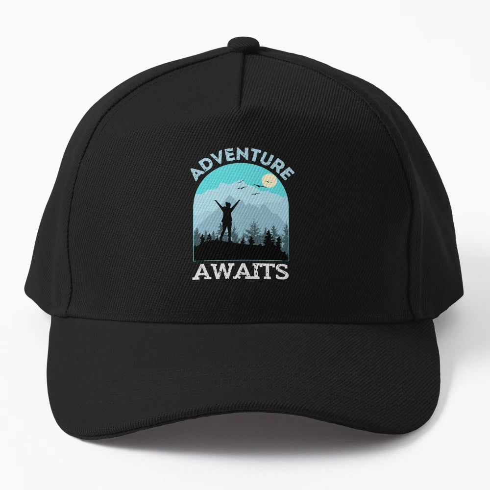 Adventure Awaits Mountain Sun T Shirt Denim Baseball Cap - Snapback, Trucker Hat, Dad Hat, Denim Baseball Cap
