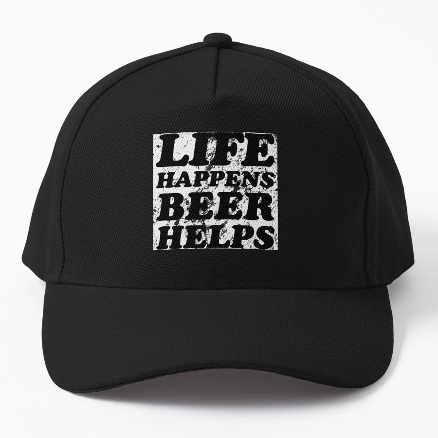 Life Happens Beer Helps Denim Baseball Cap - Minimalist - Snapback, Trucker Hat, Dad Hat, Denim Baseball Cap