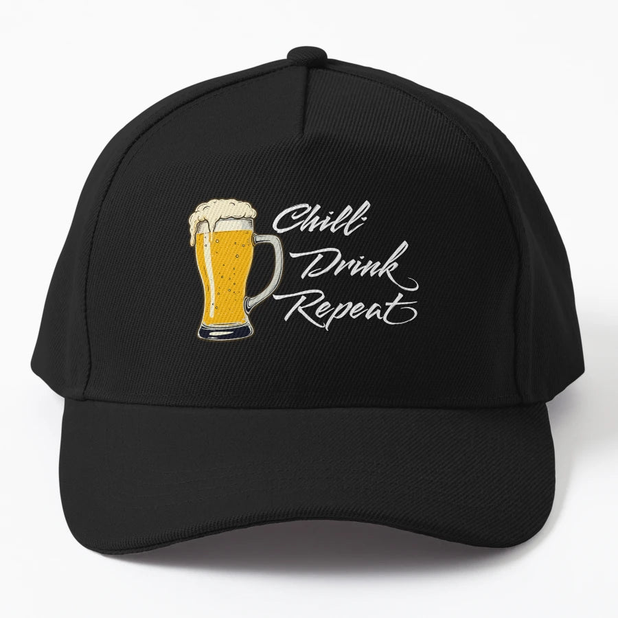 Chill Drink Repeat Beer Slogan Party Denim Baseball Cap - Snapback, Trucker Hat, Dad Hat, Denim Baseball Cap