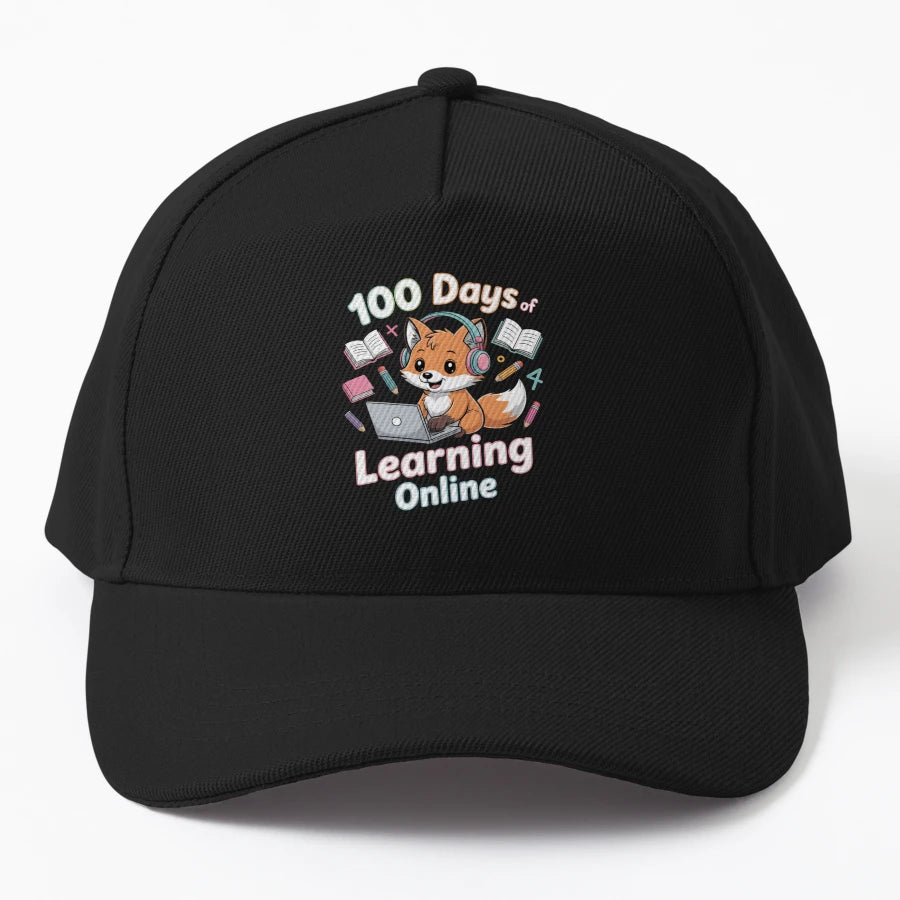 100 Days Learning Online Cute Fox Student Denim Baseball Cap - Snapback, Trucker Hat, Dad Hat, Denim Baseball Cap
