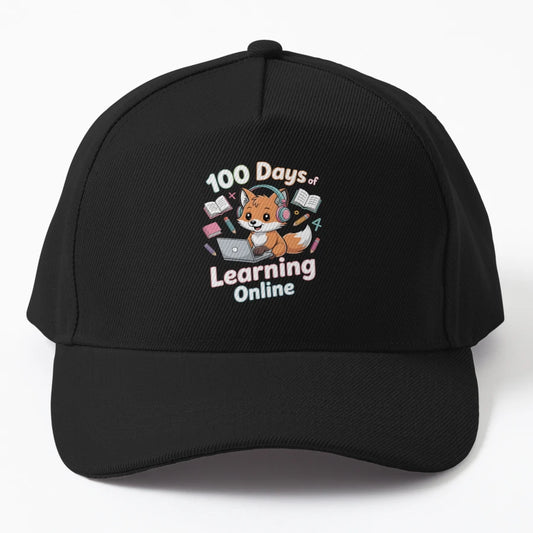 100 Days Learning Online Cute Fox Student Denim Baseball Cap - Snapback, Trucker Hat, Dad Hat, Denim Baseball Cap