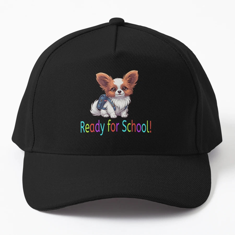 Ready School Cute Papillon Puppy Back To Denim Baseball Cap - Snapback, Trucker Hat, Dad Hat, Denim Baseball Cap