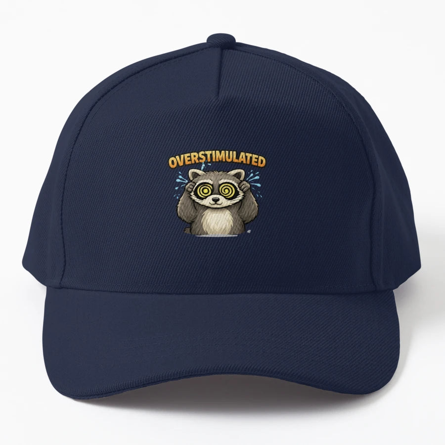 Overstimulated Raccoon Funny Meme Shirt Denim Baseball Cap - Snapback, Trucker Hat, Dad Hat, Denim Baseball Cap