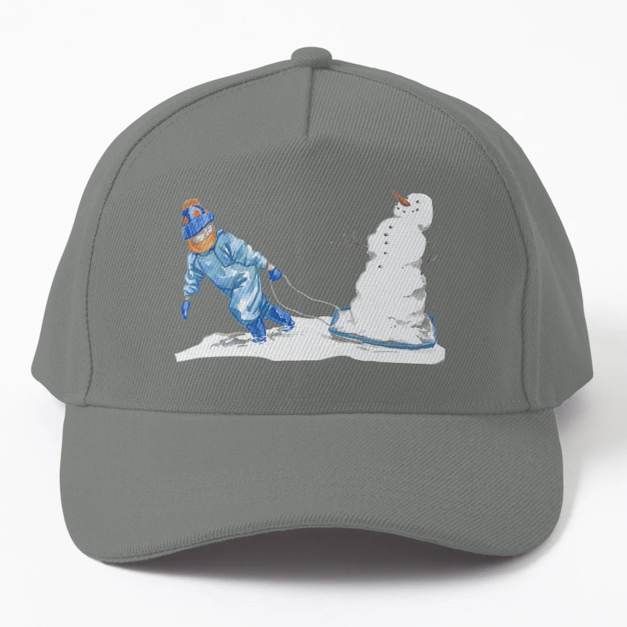 Sledging Snowman Denim Baseball Cap - Best Gift for Her - Snapback, Trucker Hat, Dad Hat, Denim Baseball Cap