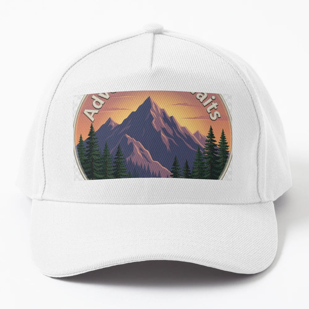 Adventure Awaits Mountain Travel Design New Era Snapback - Snapback, Trucker Hat, Dad Hat, Denim Baseball Cap