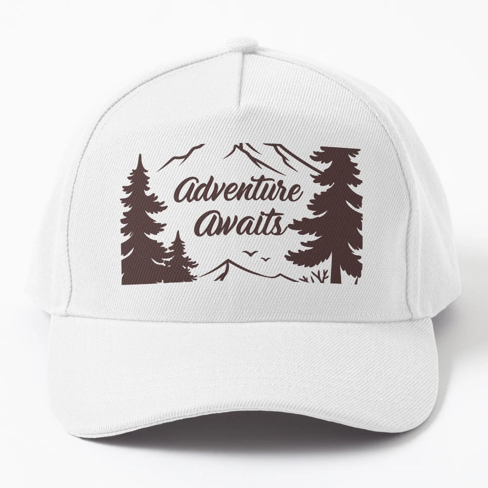 Adventure Awaits Mountain Forest Graphic Denim Baseball Cap - Snapback, Trucker Hat, Dad Hat, Denim Baseball Cap