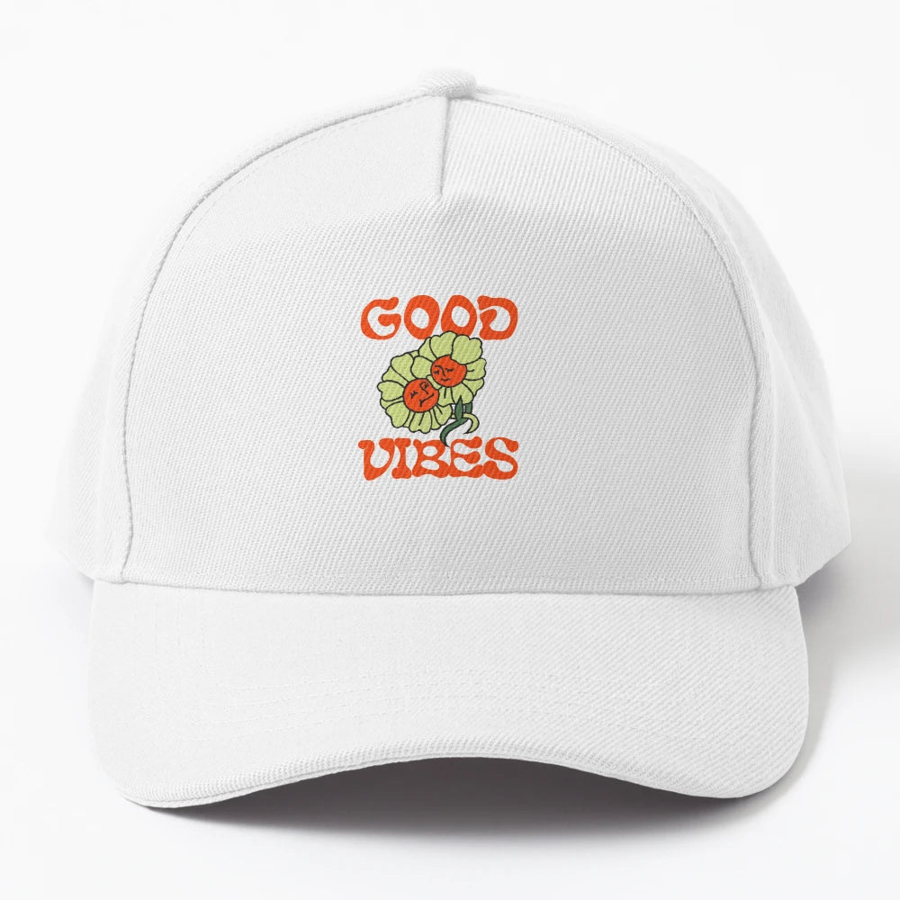 Good Vibes Flower Illustration Green Denim Baseball Cap - Snapback, Trucker Hat, Dad Hat, Denim Baseball Cap
