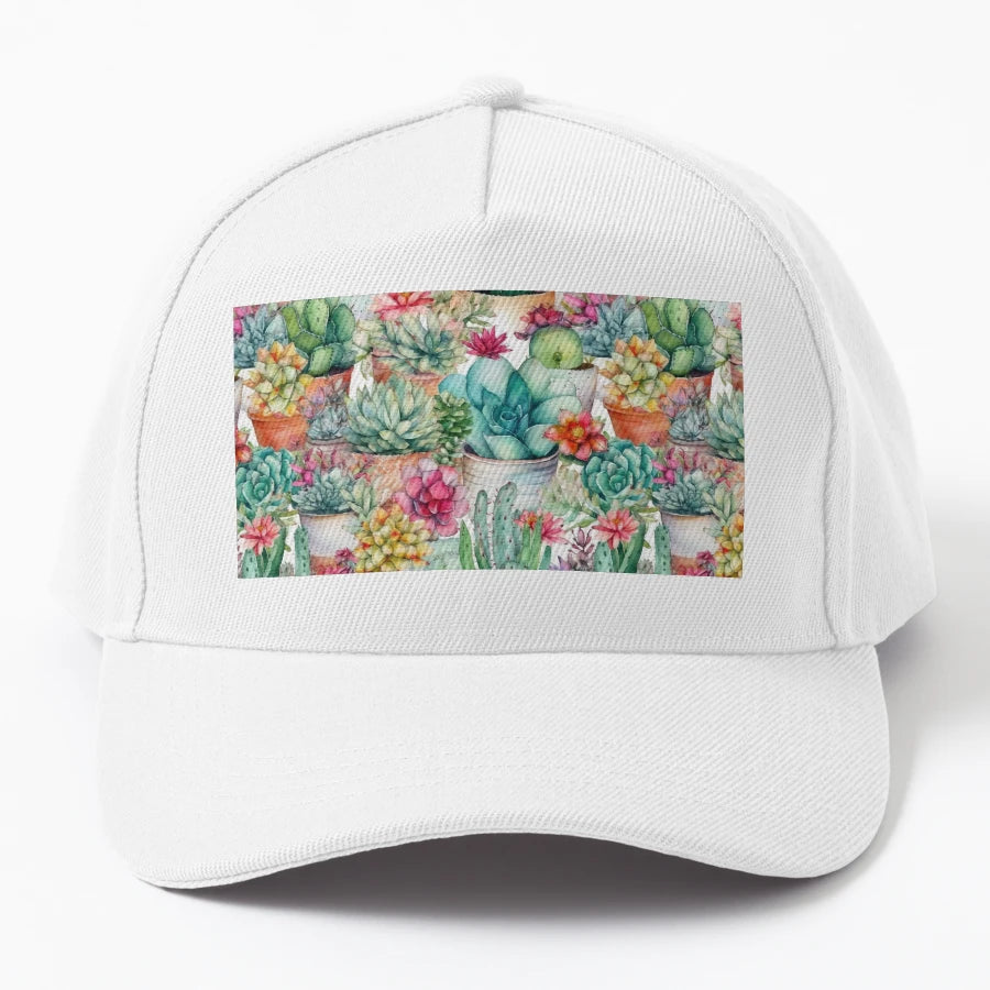 Watercolor Tropical Cactus Garden Denim Baseball Cap - Snapback, Trucker Hat, Dad Hat, Denim Baseball Cap